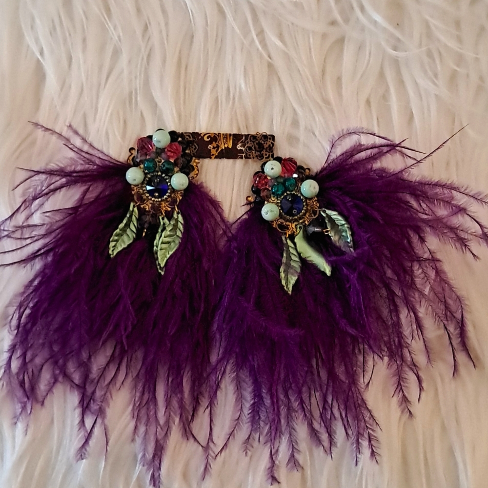 Purple Feather and Bead Earrings
